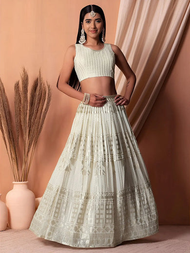 Awesome White Sequins Georgette Festival Wear Lehenga Choli With Dupatta